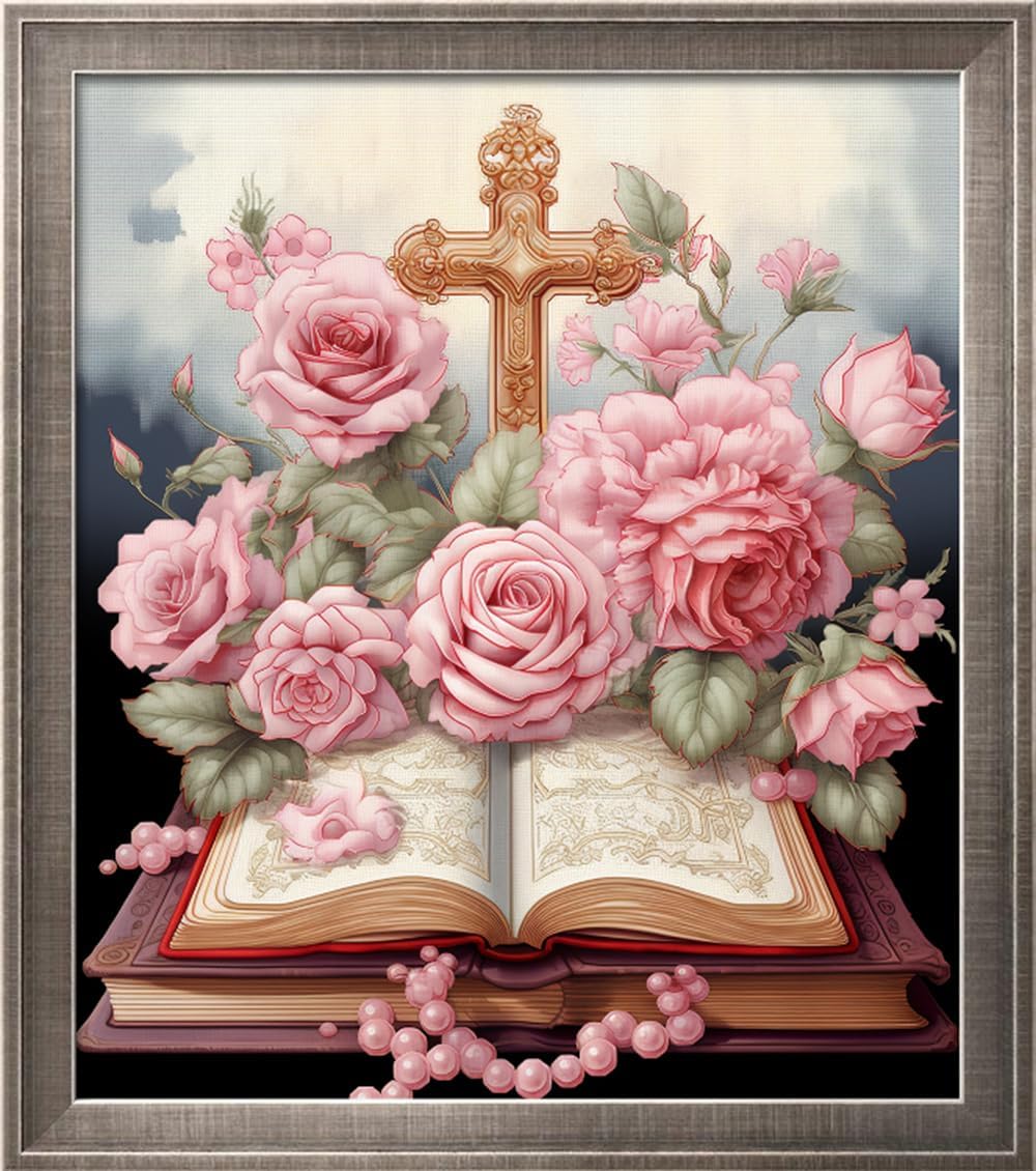 Leczany Cross Stitch Stamped Kit for Adults or Kids - Rosa Crux | DIY Embroidery Starter Patterns Craft Kit Needlepoint for Beginner | 11CT, 3 Strands | 15.8x18.1 inches