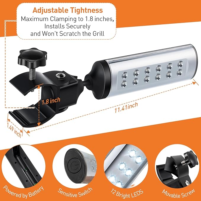 Meonum 1 Pack BBQ Grill Light Compatible with Blackstone Griddle for Outdoor Grill, Gifts for Men Dad Husband, Battery Operated Barbecue Lights with 360 Degrees Adjustable C Shape Clamp