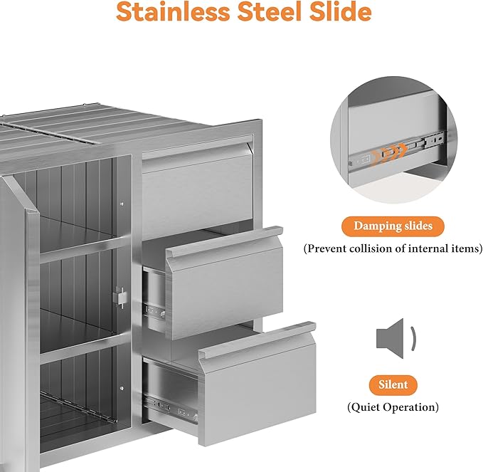 Jocisland Outdoor Kitchen Drawers 28" W×23" D×23" H Stainless Steel Drawers for Outdoor Kitchens, 3-Tier Cabinet & 3-Drawer Combo, Built-in BBQ Island Storage