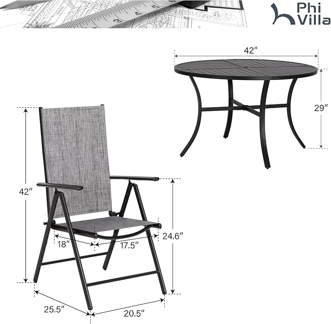 PHI VILLA 5 Piece Outdoor Patio Dining Set, 42 Inch Round Patio Table Set with 4 Adjustable High Back Folding Patio Sling Chairs, Grey