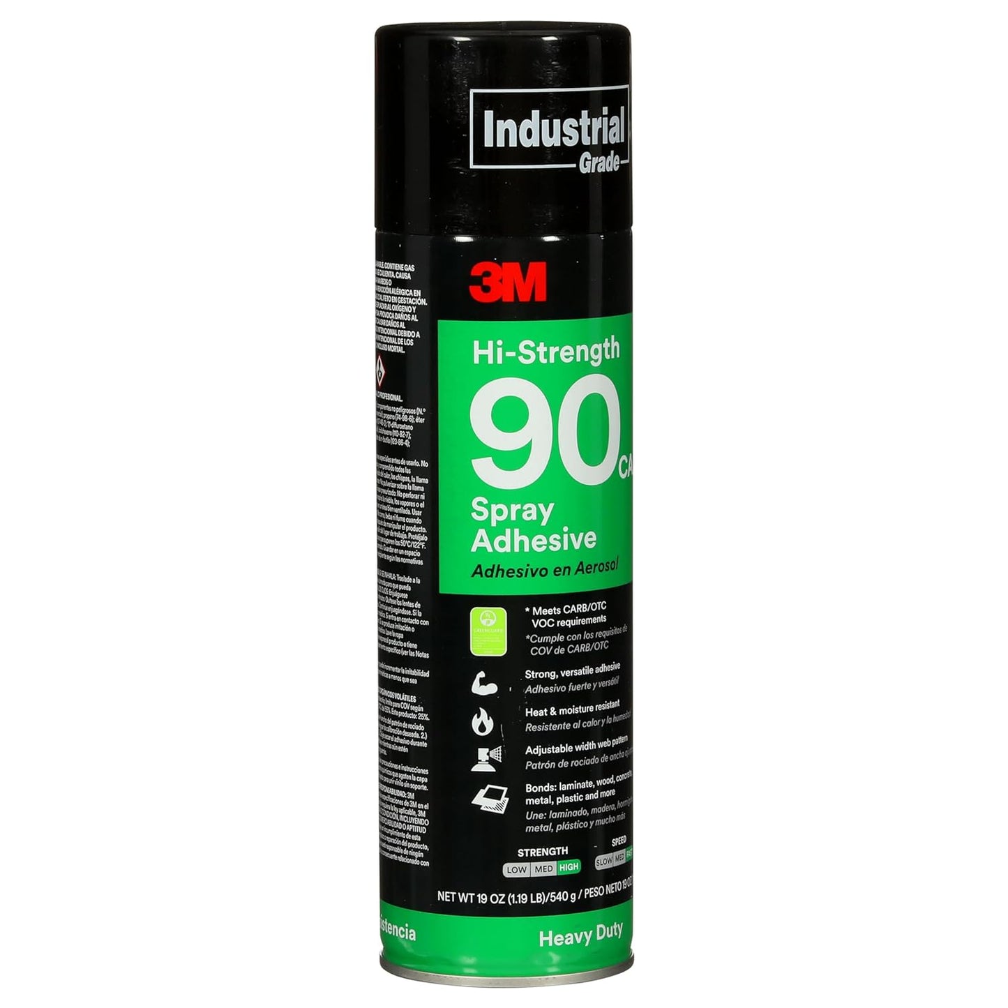 3M Hi-Strength 90 CA Spray Adhesive, Low VOC, Permanent, Bonds Laminate, Wood, Concrete, Metal, Plastic, Clear Glue, Net Wt 19 oz