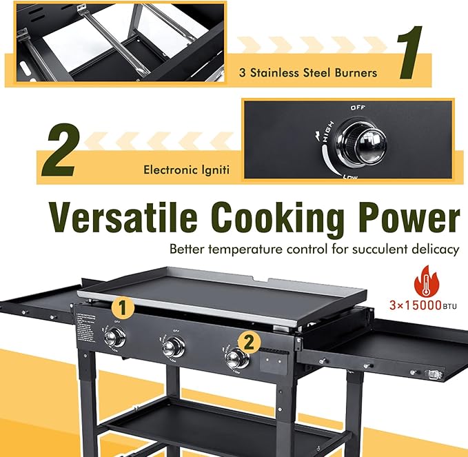 BESTFIRE Foldable Flat Top Grill, Outdoor Griddle-3 Burner Propane Griddle with Two Foldable Shelves,36" Flat Grills Outdoor-45,000 BTU Gas Grill for BBQ& Outdoor Cooking,Black