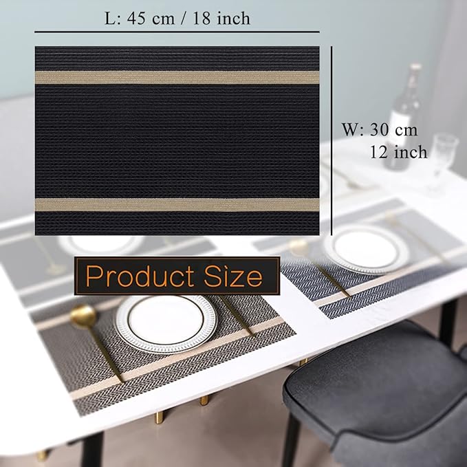 PIGCHCY Luxurious Placemats Set of 4, Non-Slip Placemats Easy to Wipe Clean Kitchen Durable Table Mats for Home/Dining Room Decoration (Black,18 X 12 inches)