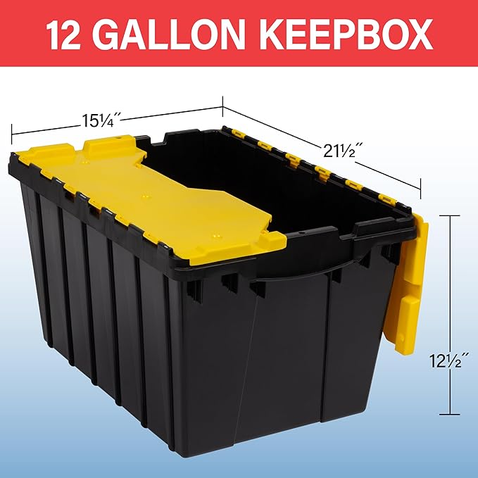 Akro-Mils KeepBox 12 Gallon Storage Container, Nesting and Stackable Plastic Storage Box with Lid Attached, Organizer Tote for Garages, Closets, Moving, 21-1/2" x 15" x 12-1/2", Black/Yellow, 6-Pack