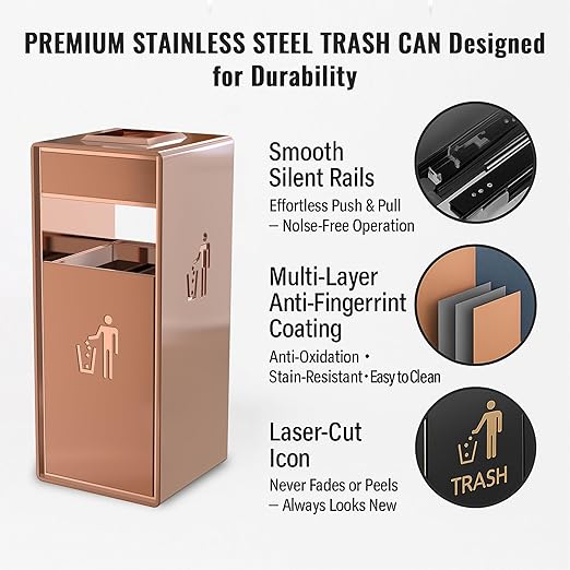 Commercial Trash Can - 42L Heavy Duty Stainless Steel Garbage Bin with Ashtray & Liner, Fingerprint-Resistant Indoor Outdoor Waste Container for Restaurant,Hotel,Shopping mall,13"x13"x30"