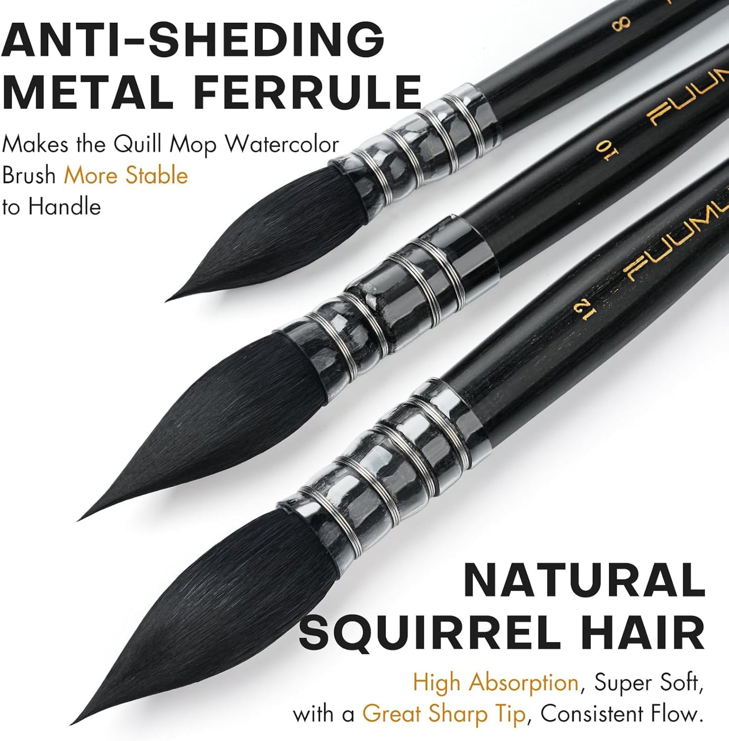3PCS Squirrel Hair Watercolor Brushes, Fuumuui Professional Mop Round Quill Detail Fine Tip Watercolor Paint Brush Set for Water Color Gouache Ink Painting - Sizes #2, 8, 10