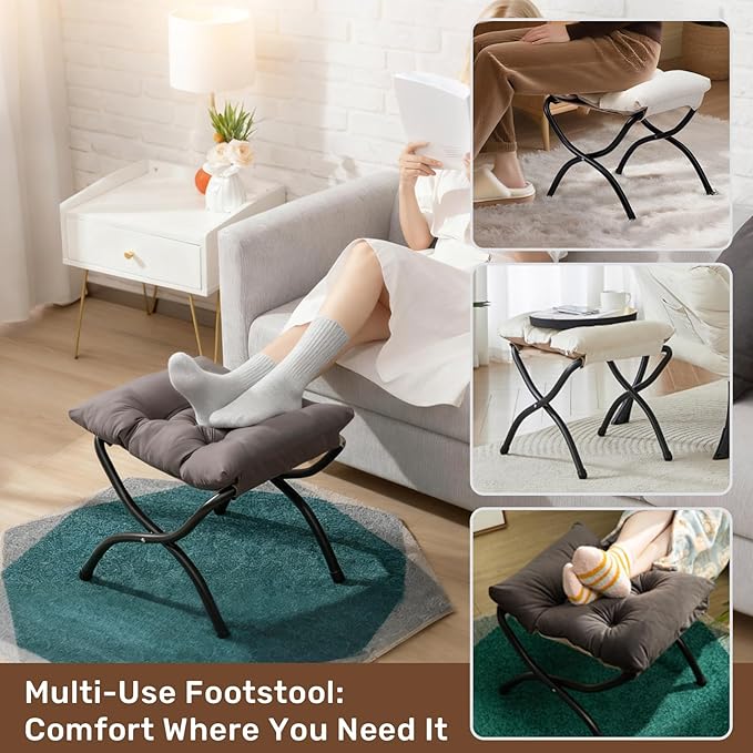 HollyHOME 15"(H) Folding Footrest Stool, Upholstered Small Foldable Ottoman, Accent Padded Sofa Foot Stool for Lazy Chair, Metal Frame Portable Foot Rest Ottoman for Home, Living Room, Bedroom, Blue