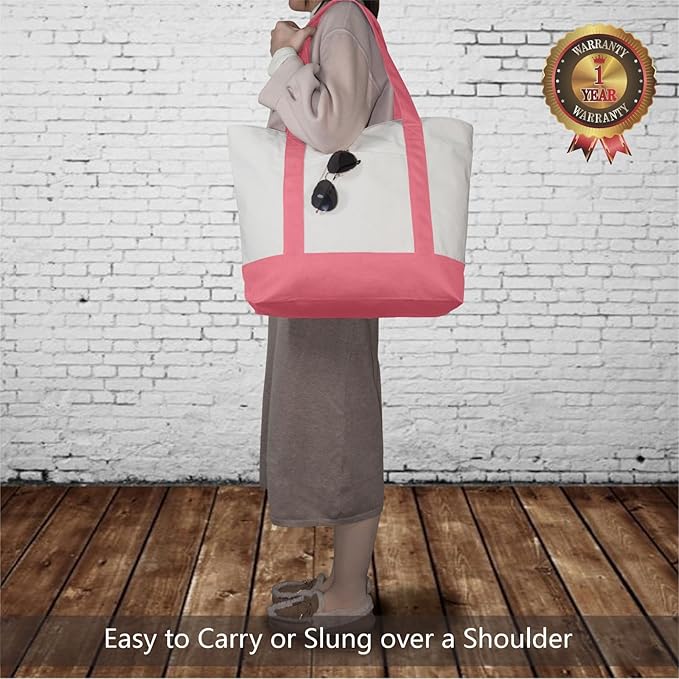 TOPDesign 6-Pack Canvas Tote Bags with an External Pocket, Reusable Grocery Shopping Bags, Top Zipper Closure, Daily Essentials (Rose Pink/Natural)
