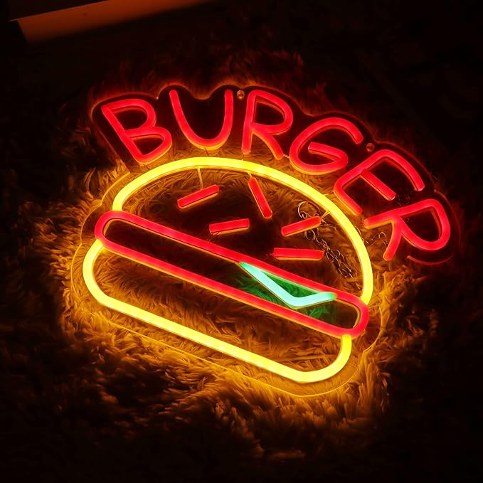 JFLLamp BURGER Neon Signs for Wall Decor Neon Lights for Bedroom Led Business Signs Suitable for Hamburger Restaurant Office Man Cave Beer Bar Pub 5V Power Adapter, 14.1 * 10 Inch(Red+ Warm White)