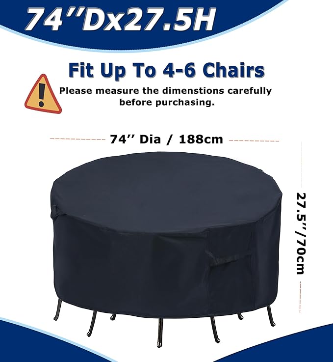 Round Patio Furniture Covers - 74" Dia Waterproof Table & Fire Pit Cover - Anti-Fading for Outdoor Dining Sets