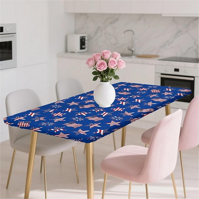 Rectangle Table Cloth Cover Waterproof Elastic Fitted Polyester Fitted Tablecloths for 4 Foot Tables for Indoor,Picnic, Camping, Outdoor （48" x 24"，American Flag）