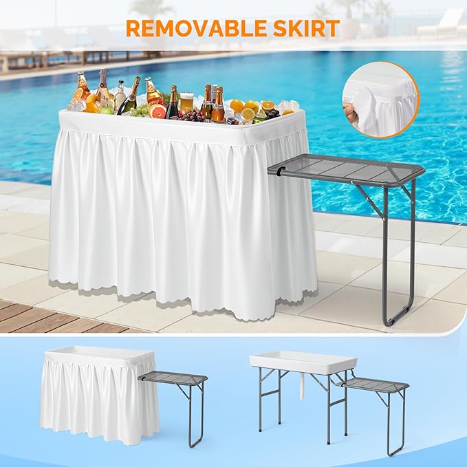 VINGLI Ice Table with Side Table, Portasble Cooler Table with Removable Skirt, Patio Table, Indoor & Outdoor Bar for Events, Parties and Camping White
