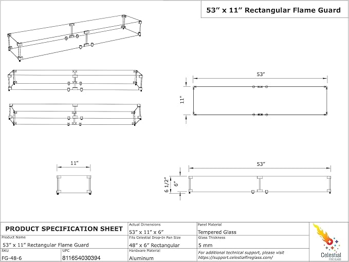 Celestial 53.25" x 11" x 6" Wind Guard, fits Celestial 48” x 6” Fire Pit Burner Pans
