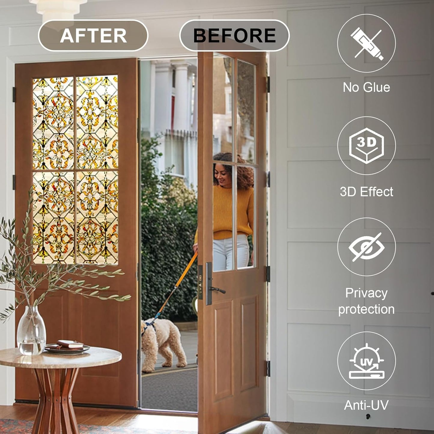 3D Stained Glass Window Privacy Film, Heat Control UV Blocking Static Cling Decorative Window Film for Bathroom,Front Door,Home Non Adhesive,GiltGaze 35.4 x 78.7 inches