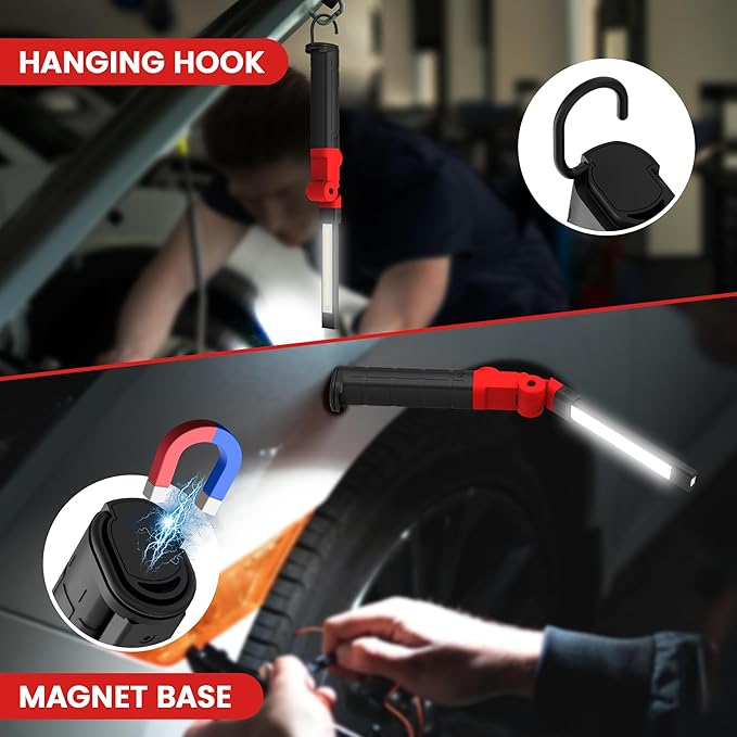 Rechargeable Work Light 2200mAh Magnetic LED Work Light Flashlight Mechanic Light Tool for Men Him, Foldable Lamp with Hook for Car Repair Emergency BBQ Grill