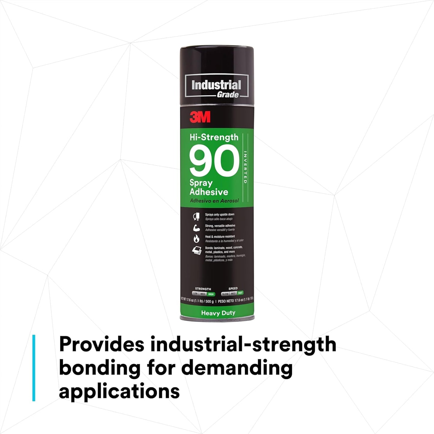 3M Hi-Strength 90 Spray Adhesive, Permanent, Bonds Laminate, Wood, Concrete, Metal, Plastic, Clear Glue, Net Wt 17.6 oz, Will Spray Upside Down Only