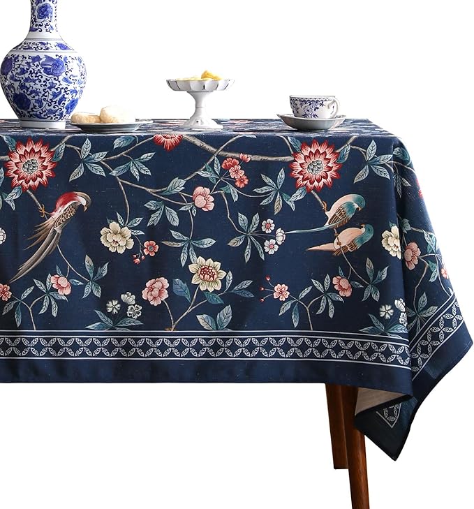 patdrea Designer Dark Blue Linen Rectangular Tablecloth,Vintage Navy French Floral and Birds Pattern Table Cloth,Decoration Table Cover for Kitchen,Dining,Tea Party,Home,Christmas,63"*110"