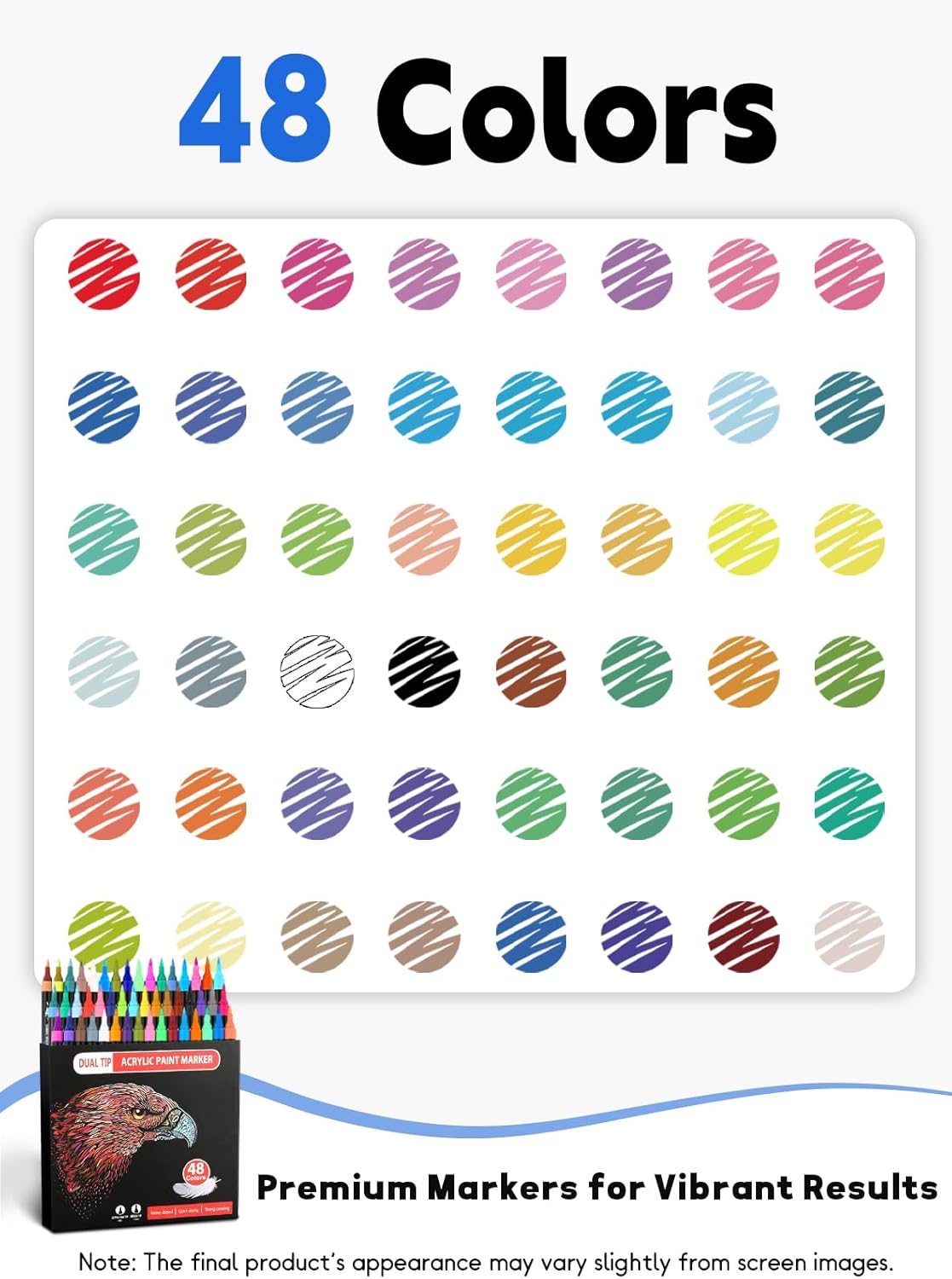 48 Colors Acrylic Paint Markers, Dual Tip Acrylic Paint Pens with Brush and Fine Tips for Kids, Adults, Wood, Canvas, Stone, Rock Painting, Glass, Ceramic Surfaces, DIY Crafts Making