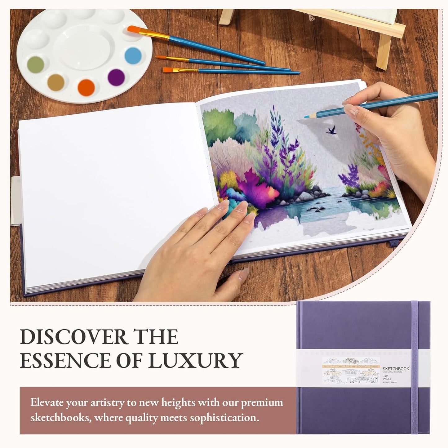 Moinchore Back to School Gifts Square Sketchbook 8 x 8 Inch Hardcover Art Sketch Book Drawing Papers 120 Pages, Mixed Media Journal Notebook with Elastic Closure Sketchbook for Drawing(Purple)