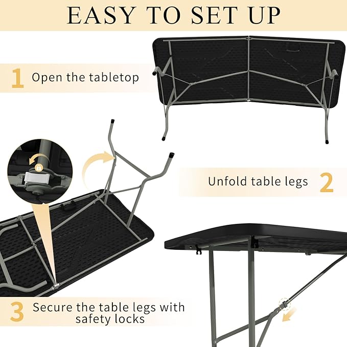 Folding Tables with Carrying Handle Lightweight Rectangular Portable Plastic Camping Table Steel Legs for Party, Dining, Wedding, Events, Picnic Indoor, Outdoor (5FT, Black)
