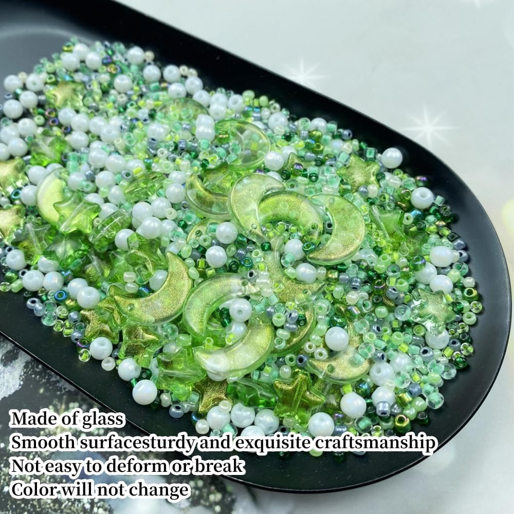 Assorted Glass Beads for Jewelry Making Multi Size Colors Glass Star Moon Seed Pearl Spacer Beads for Bracelets Necklace Earring Making(White Light Green)