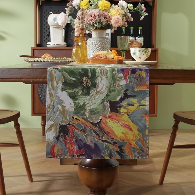 Double-Sided Table Runner - Reversible Oil Painting & Banana Leaf Design, Waterproof Linen Cotton for Dining Table Decor, Holiday Home Decoration（Green）
