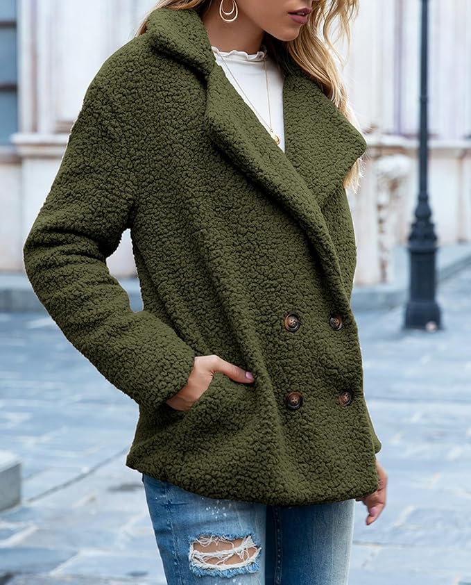 Women's Winter Warm Plush Cardigan Fuzzy Fleece Lapel Jacket with Buttons Pockets Long Sleeve Casual Outerwear
