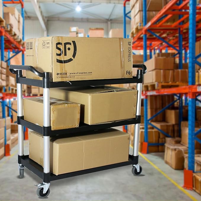 Plastic Commercial Cart Large Size, Restaurant Cart with Wheels Lockable, Heavy Duty Utility Service Cart for Foodservice, Commercial,Office, Warehouse, Black, 40.15X 19.29x 38.97 inches.