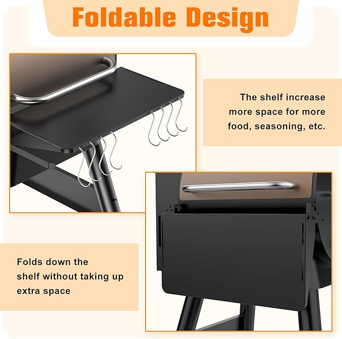 Folding Shelf for Traeger Pellet Grills, BAC362 Pellet Front Shelf with Hooks and Paper Towel Holder for Traeger Pro 22, Pro 575, Eastwood 22, Ironwood 650 and Century 22 Series Pellet Grill