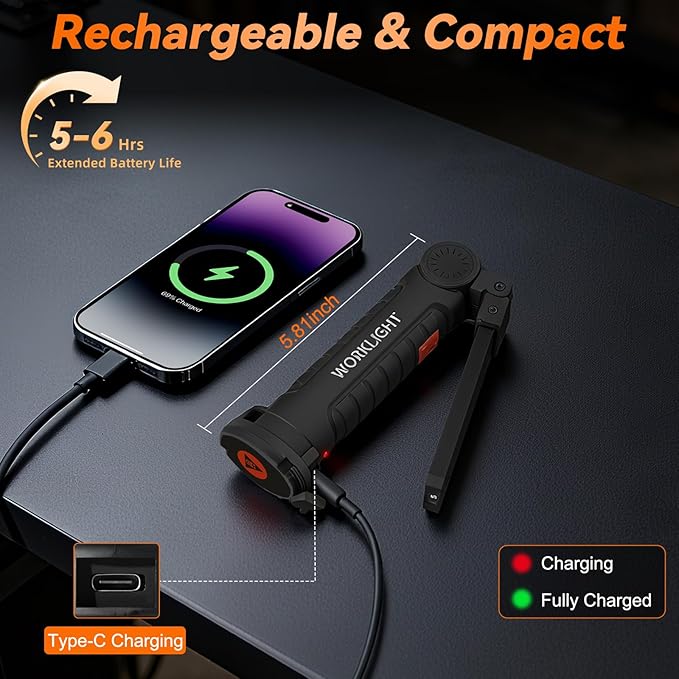 Magnetic Work Light 6Pack, Rechargeable Work Light with 360° Rotation, 5 Mode Mechanic Light, Compact Rechargeable Flashlight with Hook for Car Repairing, Camping, Emergency, Christmas Gift for Adults