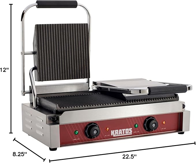 Kratos Commercial Electric Panini Sandwich Grill with Grooved Plates, 18.7" x 9" Cooking Surface, Commercial Countertop Panini Press, 120V, 3500W (29Y-023)