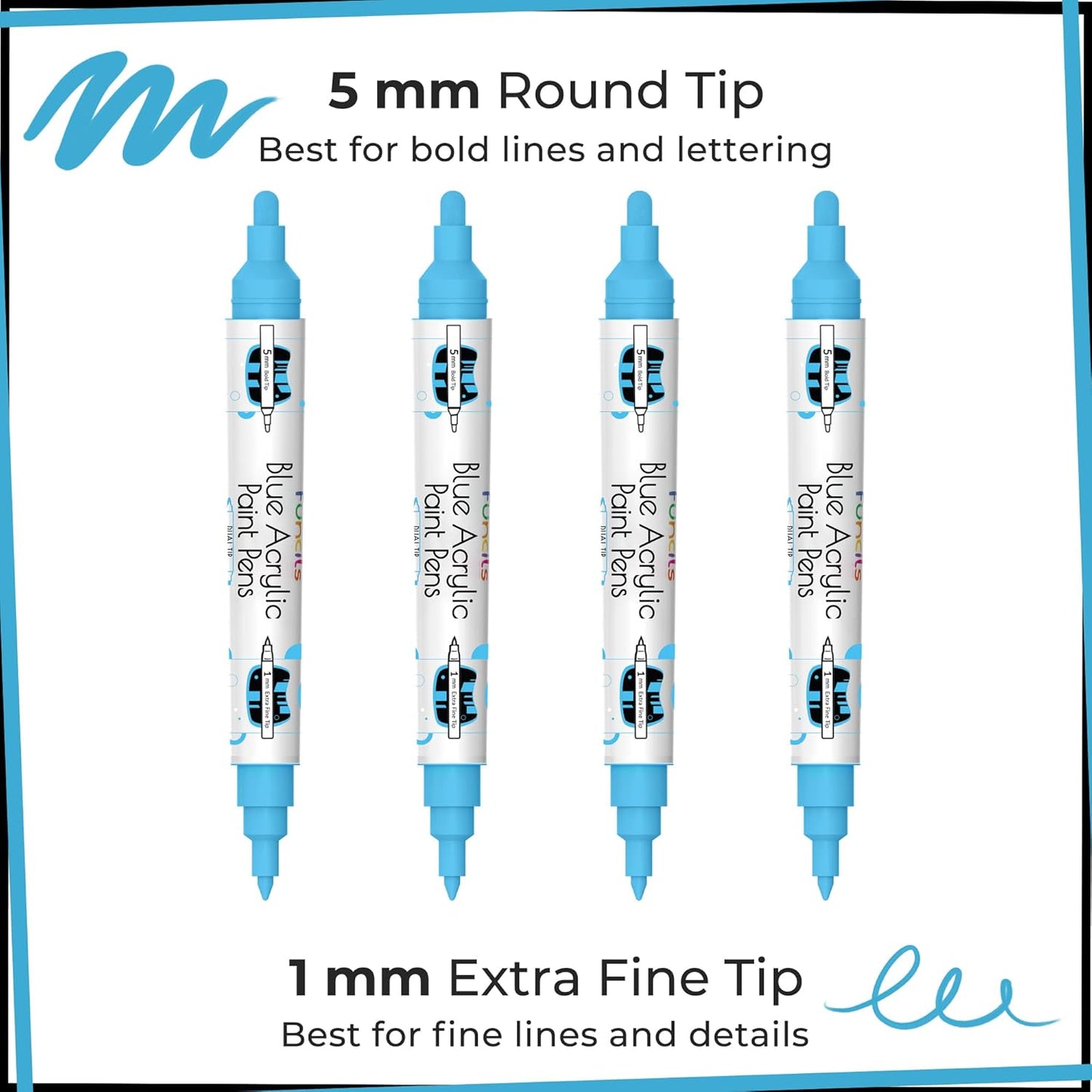 4 Dual Tip Blue Paint Pen Metallic - Fine Tip & Medium Acrylic Markers - Blue Paint Marker for Metal, Wood, Rock Painting, Canvas, Ceramic, Glass, Fabric, Leaf and Plastic - Water-based Ink