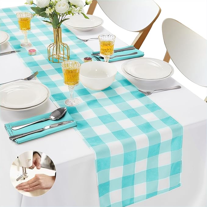 Fabric Checkered Table Runner 6 Pack Waterproof Gingham Table Runner 14W x 108L Buffalo Check Table Runners for Parties Kitchen Dining Wedding Banquet (Aqua and White)