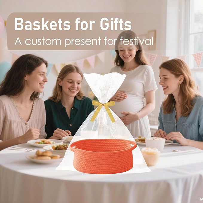 Woven Basket,Small Rope Storage Bin with Handles & Ribbon Bag, Organizer for Shelves Closets,Gift Basket Empty for Birthday,Books,Dog Toys, Orange/2 Pack