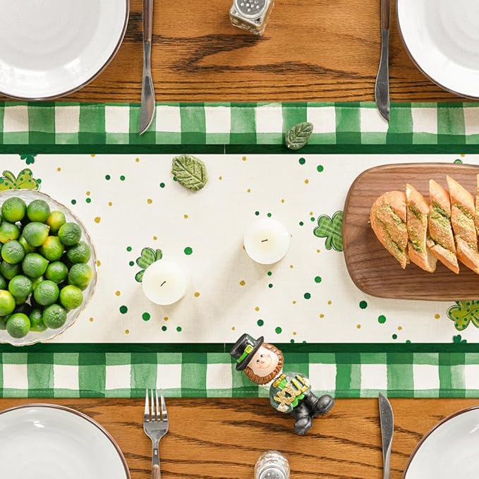 Artoid Mode Shamrock Lucky Buffalo Plaid Gnomes St. Patrick's Day Table Runner, Kitchen Dining Table Decor for Outdoor Home Party Decor 13 x 48 Inch