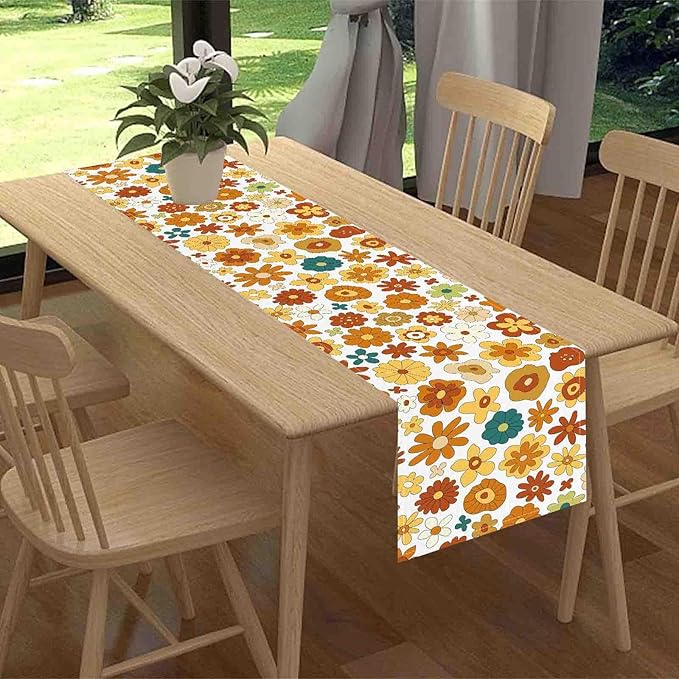 Groovy Floral Table Runner, Retro 70s Hippie Floral Funky Cute Flower Trippy Orange Coffee Table Center Decor For Home Kitchen Dining Patio Holiday Party Indoor Outdoor Table Decorations, 13"x90" Inch
