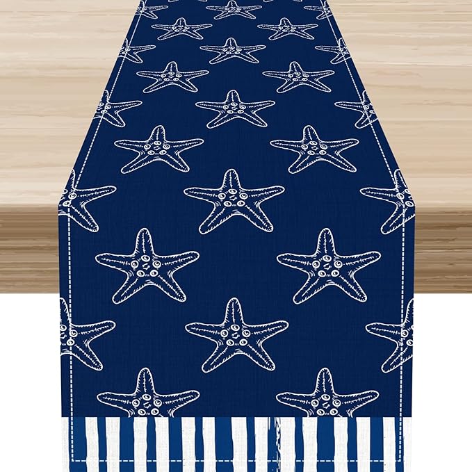 Starfish Table Runner, Summer Coastal Navy Blue Nautical Tropical Rustic Farmhouse Coffee Table Center Decor for Home Kitchen Dining Patio Holiday Party Table Decorations 13"x36"