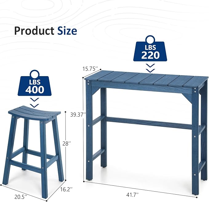 3 Piece Outdoor Bar Set, 42" Rectangular Pub Height High Top Bar Table & 2 Outdoor Bar Stools for Patio, Garden, Poolside and Bistro, Weatherproof, Blue