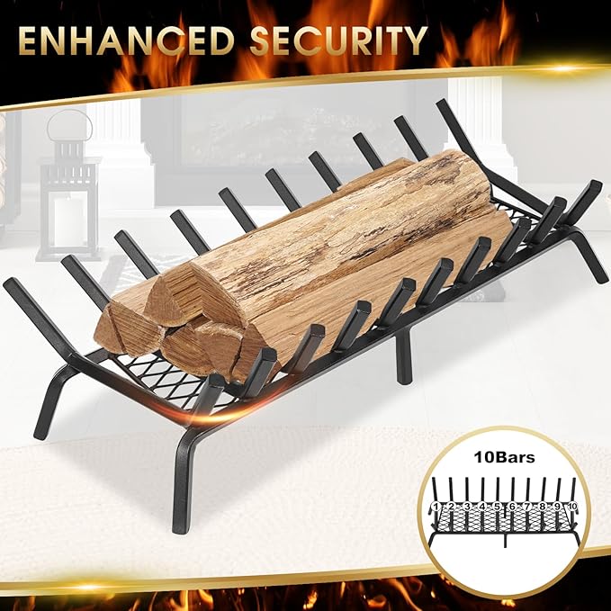 G GOOD GAIN Fireplace Grate with Ember Retainer, 32in Heavy Duty Steel Indoor, Chimney Hearth Wood Stove Burning Rack Holder,1/2 Bar Fire Place Asseccories for Outdoor, Fire Pits, Camping.