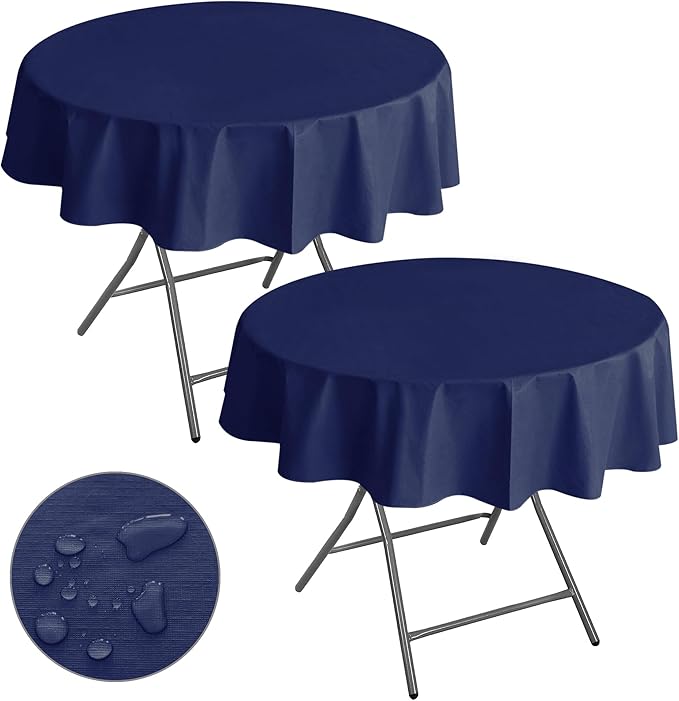 Nasitos 2 Pack Round Vinyl Tablecloth - 60 Inch, Plastic/Navy Table Cover with Flannel Backing, Disposable for Circular Table, Dining, Buffet, Parties & Graduations
