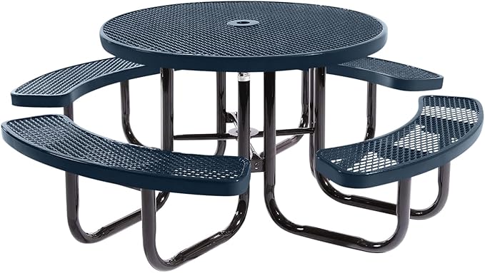 COATEDOUTDOORFURNITURE Heavy-Duty Portable Outdoor Picnic Table with Umbrella Hole, Expanded Metal Commercial-Grade Patio Dining Furniture Made in America (46" Round Top, Dark Blue)