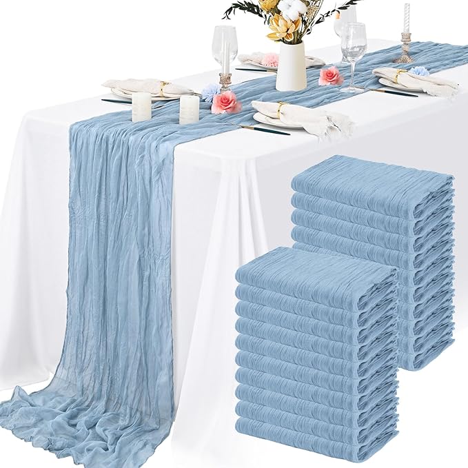 20 Packs Cheesecloth Table Runner 10FT Long Boho Gauze Fabric Table Runner Vintage Rustic Sheer Runners for Wedding Party Bridal Baby Shower Table Decorations (Dusty Blue )