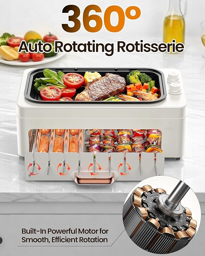 4-in-1 Electric Indoor Grill Smokeless for Home,Countertop Electric Grill with Removable Sizzle Grill Pan & Grate + Auto Rotating Kabob Skewers + Electric Hot Dog Roller Dual Zone Cooking with Lid