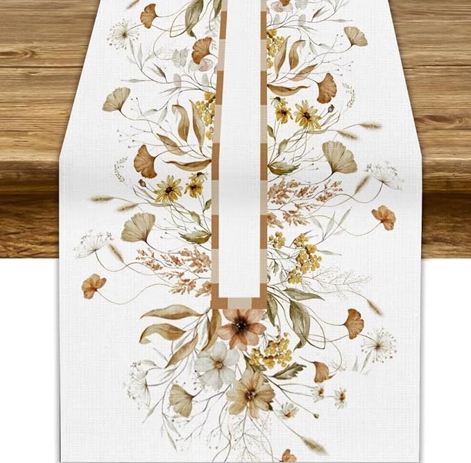 Autumn Wildflower Table Runner, Fall Yellow Flowers Leaves Thanksgiving Table Runner for Holiday Indoor Outdoor Home Party, 13x108inch