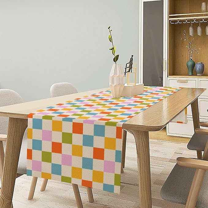 Retro Checkered Table Runner, 60s 70s Summer Seasonal Table Runners for Kitchen Dining Indoor Outdoor Holiday Home Wedding Party 13x108in