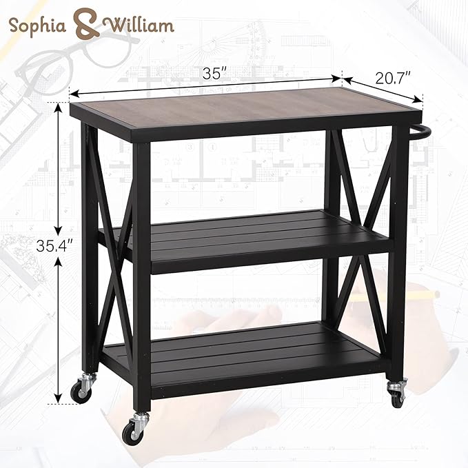 Sophia & William Outdoor Grill Cart Movable Food Prep Table Rolling BBQ Trolley Pizza Oven Stand with Ceramic Wood-Like Tabletop and Lockable Wheels, 35" W x 20.7" D x 35.4" H