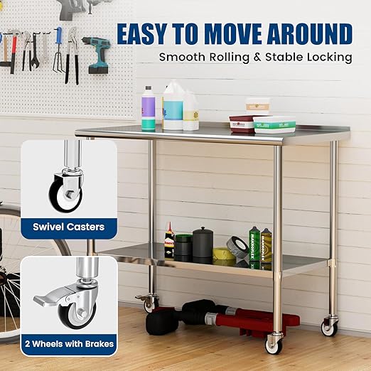 Stainless Steel Work Table with Wheels, 24x60 Inch NSF Food Prep Table with Backsplash & Adjustable Undershelf for Commercial Kitchen, Restaurant, Garage