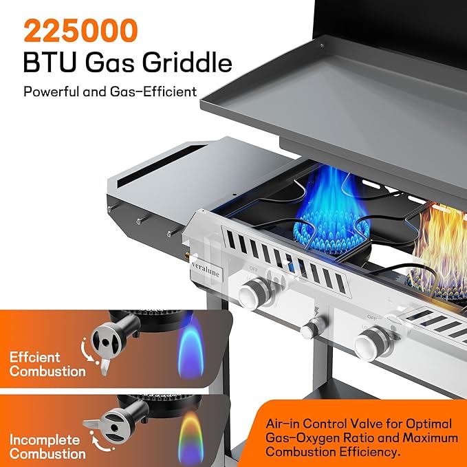 Veralune 3 Burner Propane Stove with Griddle, 225,000 BTU High Pressure Propane Stove with Auto Ignition Button, Outdoor Cooking Stove for Camping, Backyard, Patio, Cooking, BBQ