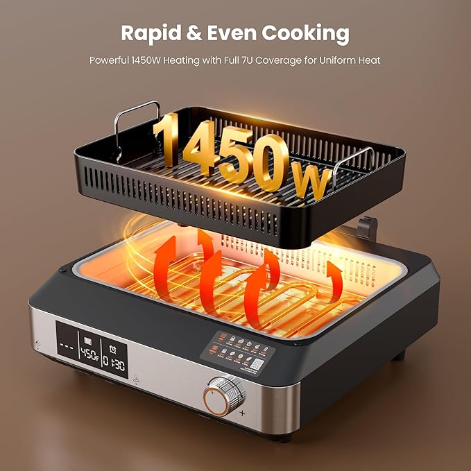 Kismile 2-in-1 Griddle and Indoor Grill,Electric Smokeless Grill with Temperature Probe,Temperature Control & display screen,Portable Smoke-Free Griddle for Indoor Steaks,Vegetables,Family Cooking