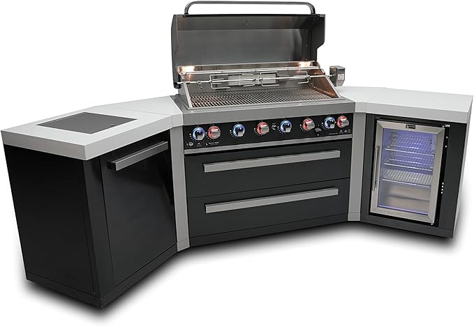 Mont Alpi MAi805-BSS45FC 44-inch 6-Burner 115000 BTU 45 Degree Black Stainless Steel Gas Outdoor Kitchen Bar Island Grill w/Fridge Cabinet + Infrared Side & Rear Burner